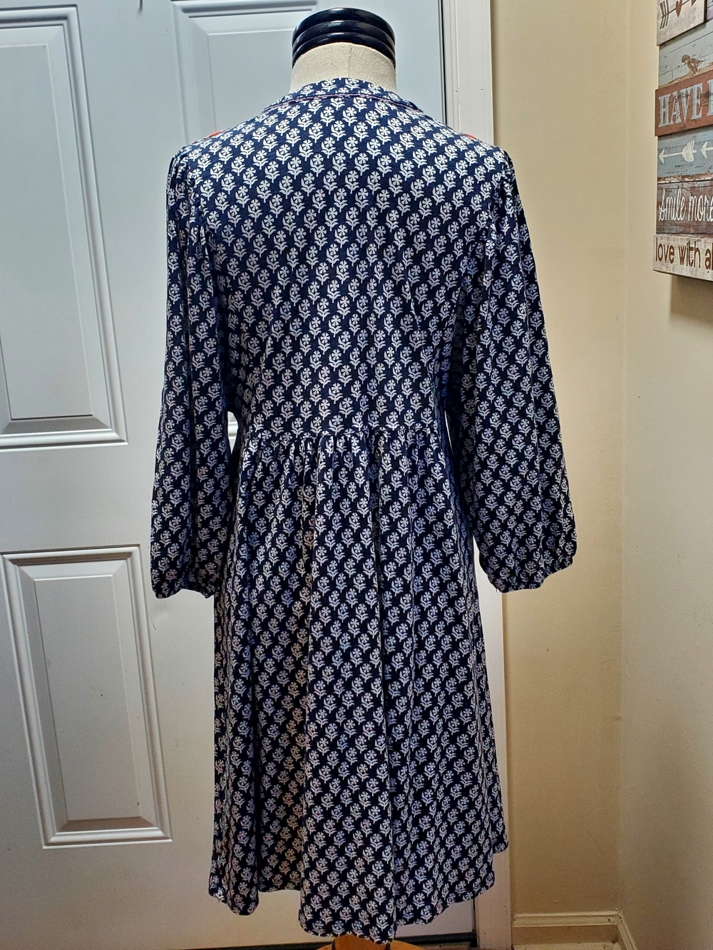 Boden Navy Printed Long-Sleeve Dress with Coral Yoke - Picture 3 of 4